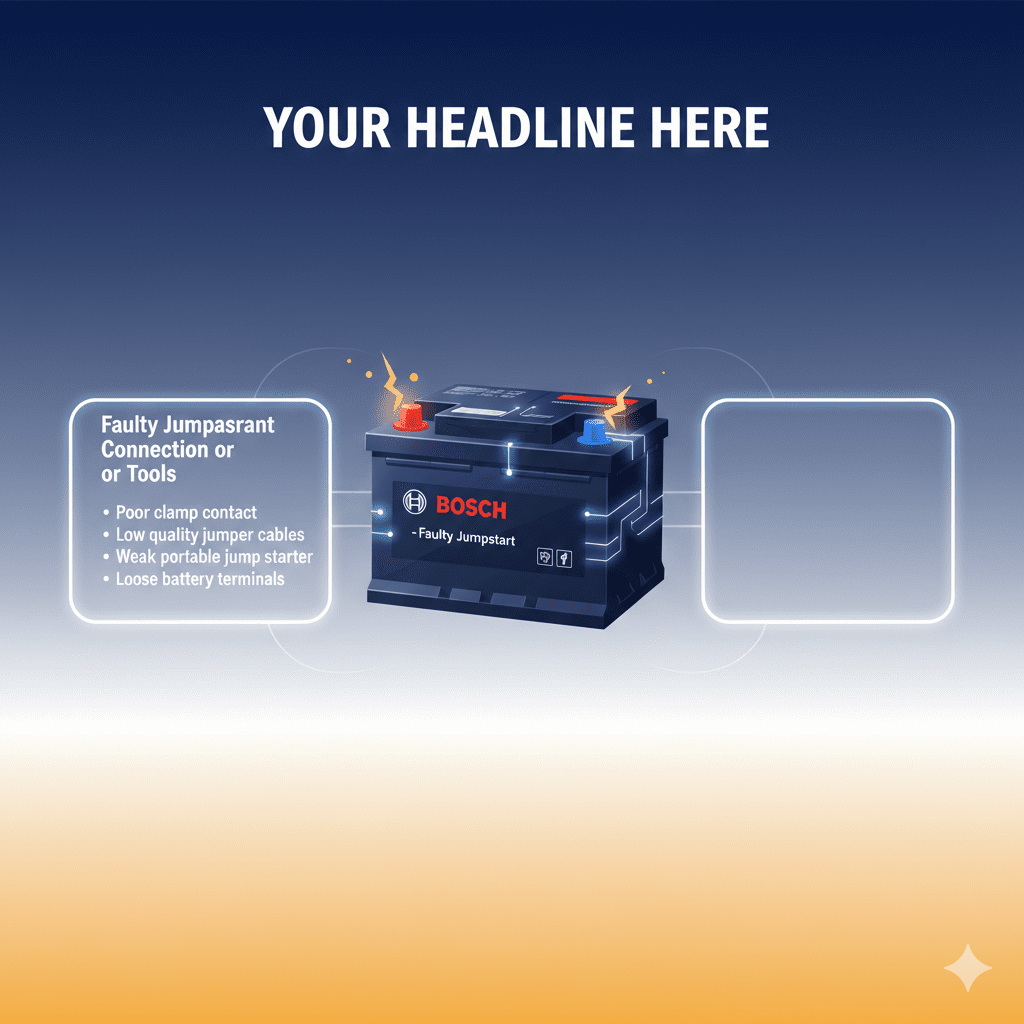 “User guide infographic showing a central car battery with animated sparks and glow, dynamic title at top, and key points on sides including poor clamp contact, low-quality jumper cables, weak portable jump starter, and loose battery terminals.”