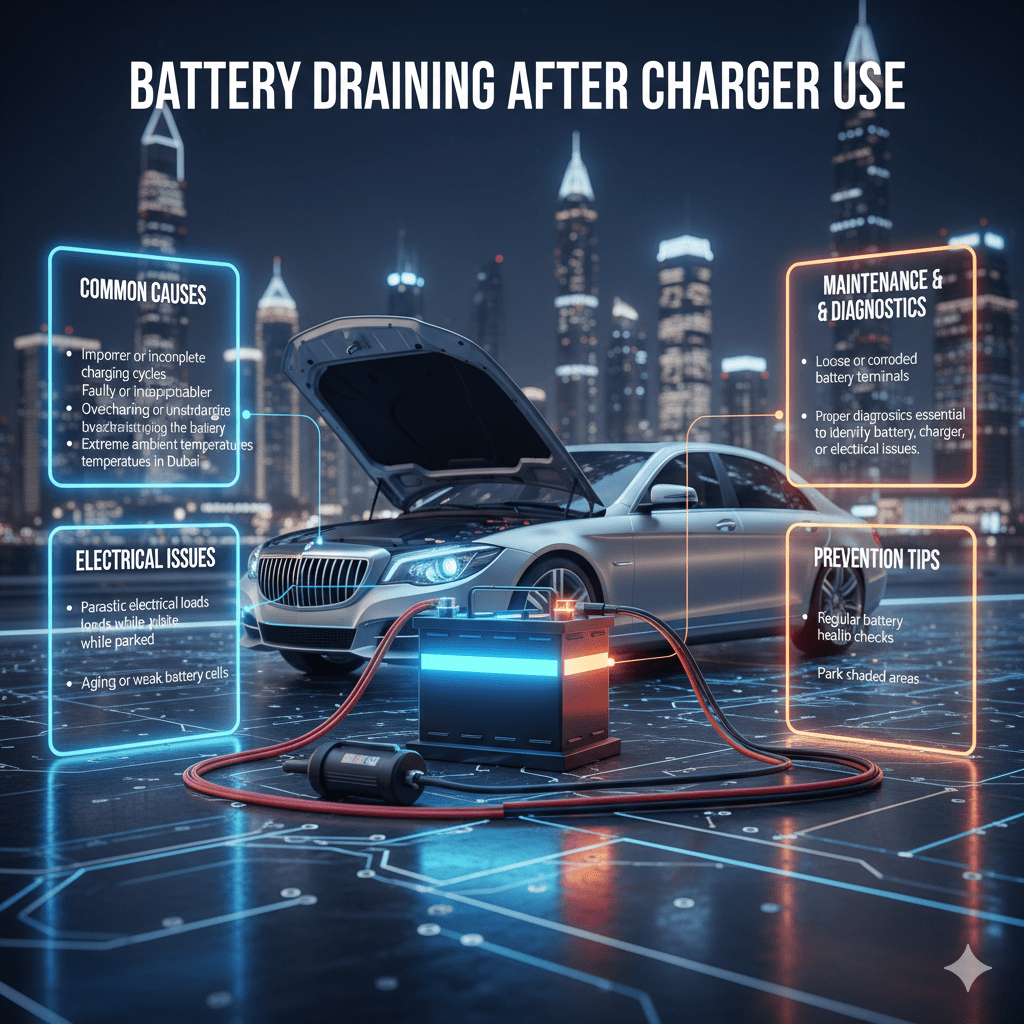 "Infographic showing a luxury car with a glowing battery and charger at the center, with side panels listing causes and diagnostics for battery draining after charger use in Dubai."