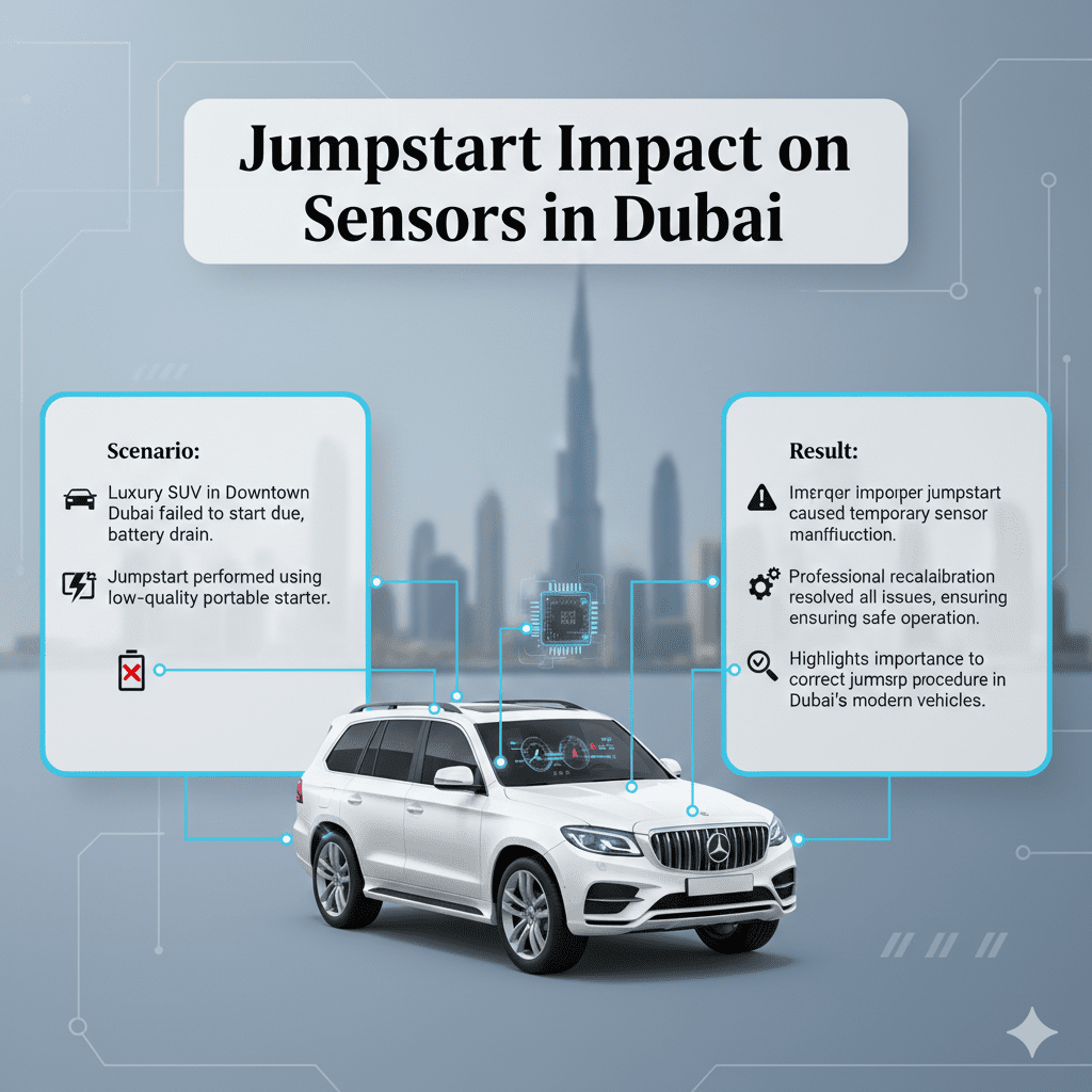 “User guide infographic showing main title ‘Jumpstart Impact on Sensors in Dubai’ at top, key case study points on left and right sides, and a premium SUV image in the center with animated infographic style.”