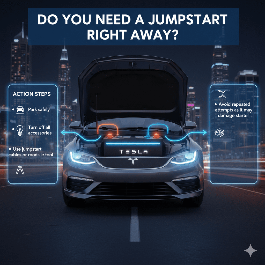 "Do You Need a Jumpstart Right Away?" "Animated infographic showing when to perform a jumpstart in Dubai, central car with battery, key steps on sides, title on top."