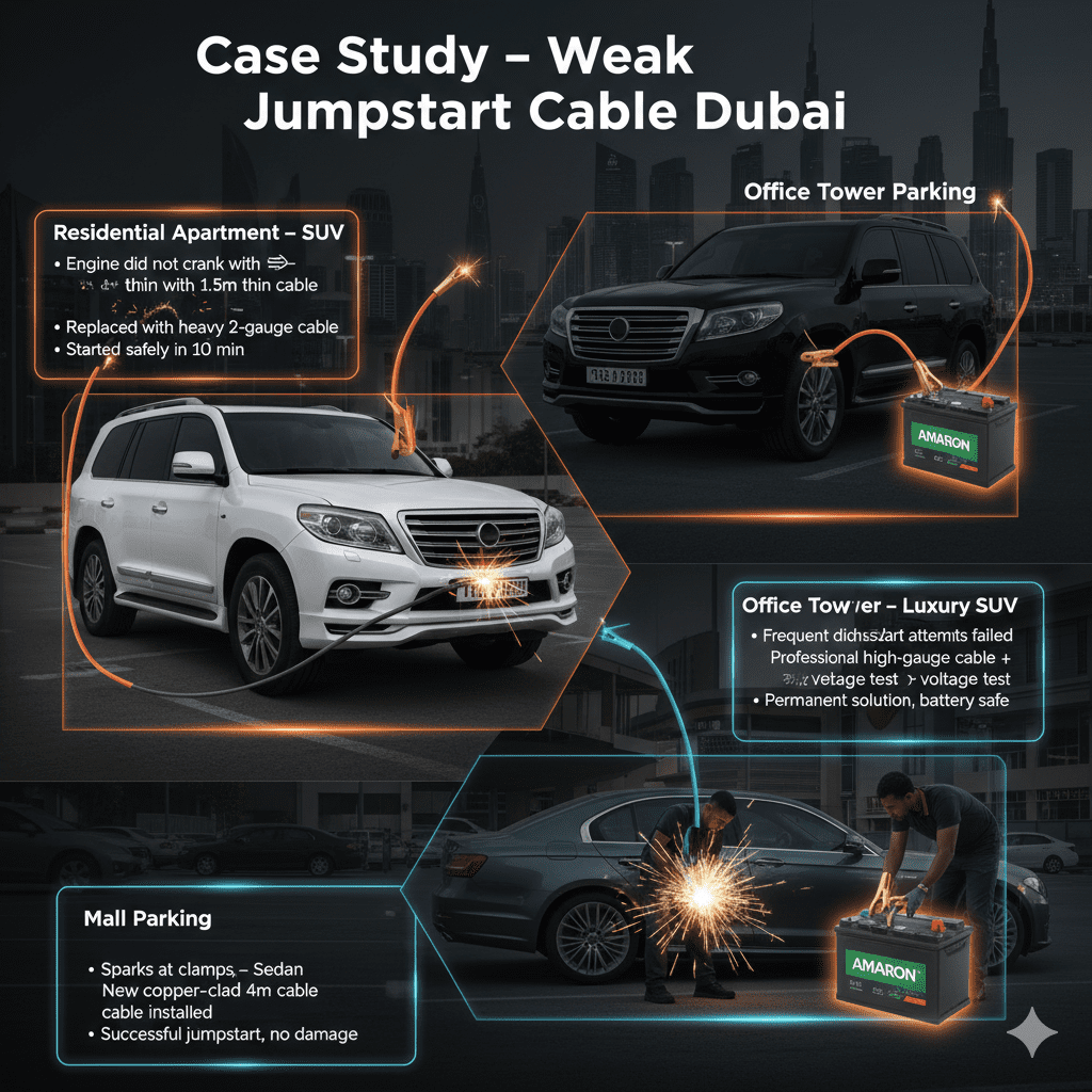 Dubai parking scene with SUV, sedan, and luxury SUV; technicians performing jumpstarts; weak and upgraded jump cables highlighted; infographic-style bullet points on sides show case study situations, problems, solutions, and results.