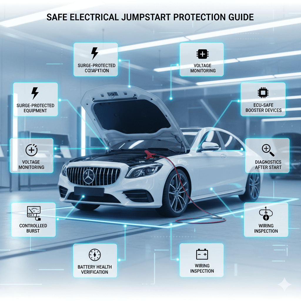 Infographic showing safe electrical jumpstart procedures with protective steps around a central vehicle illustration.