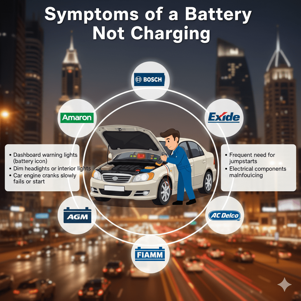 "Animated-style user guide image showing symptoms of a battery not charging, with a technician inspecting a car battery and electrical system. Bullet points on sides include Dashboard warning lights (battery icon), Dim headlights or interior lights, Car engine cranks slowly or fails to start, Frequent need for jumpstarts, Electrical components malfunctioning. Logos of Amaron, Bosch, AGM, Exide, Panasonic, FIAMM, AC Delco around the car, Dubai skyline in background."