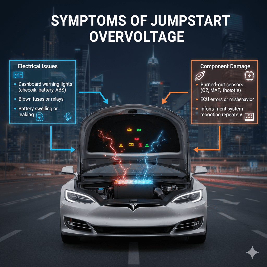 "Symptoms of Jumpstart Overvoltage" "Animated infographic showing symptoms of jumpstart overvoltage in Dubai, central branded car with glowing battery and dashboard, bullet points of symptoms on sides, title on top."