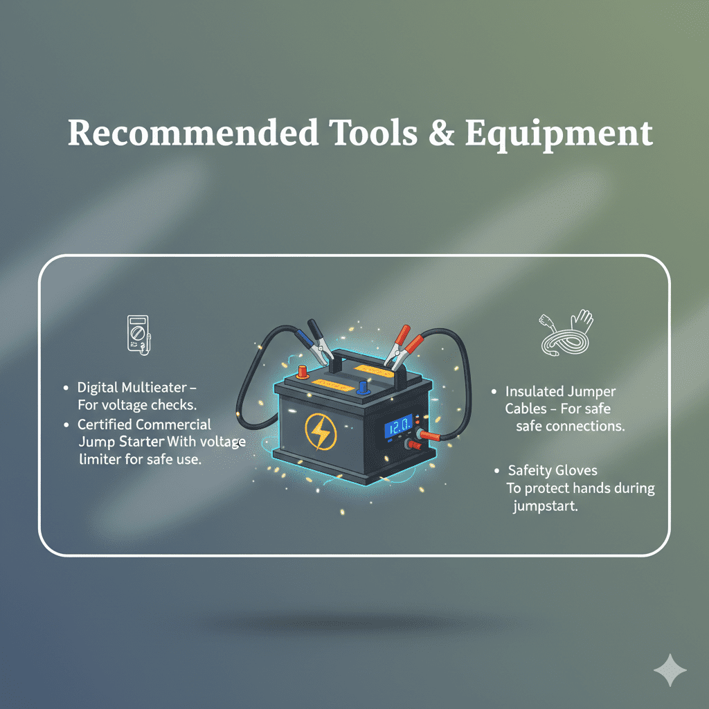 “Animated user guide illustration showing the title ‘Recommended Tools & Equipment’ at the top, key tools as bullet points on the sides, and a glowing central automotive brand illustration.”