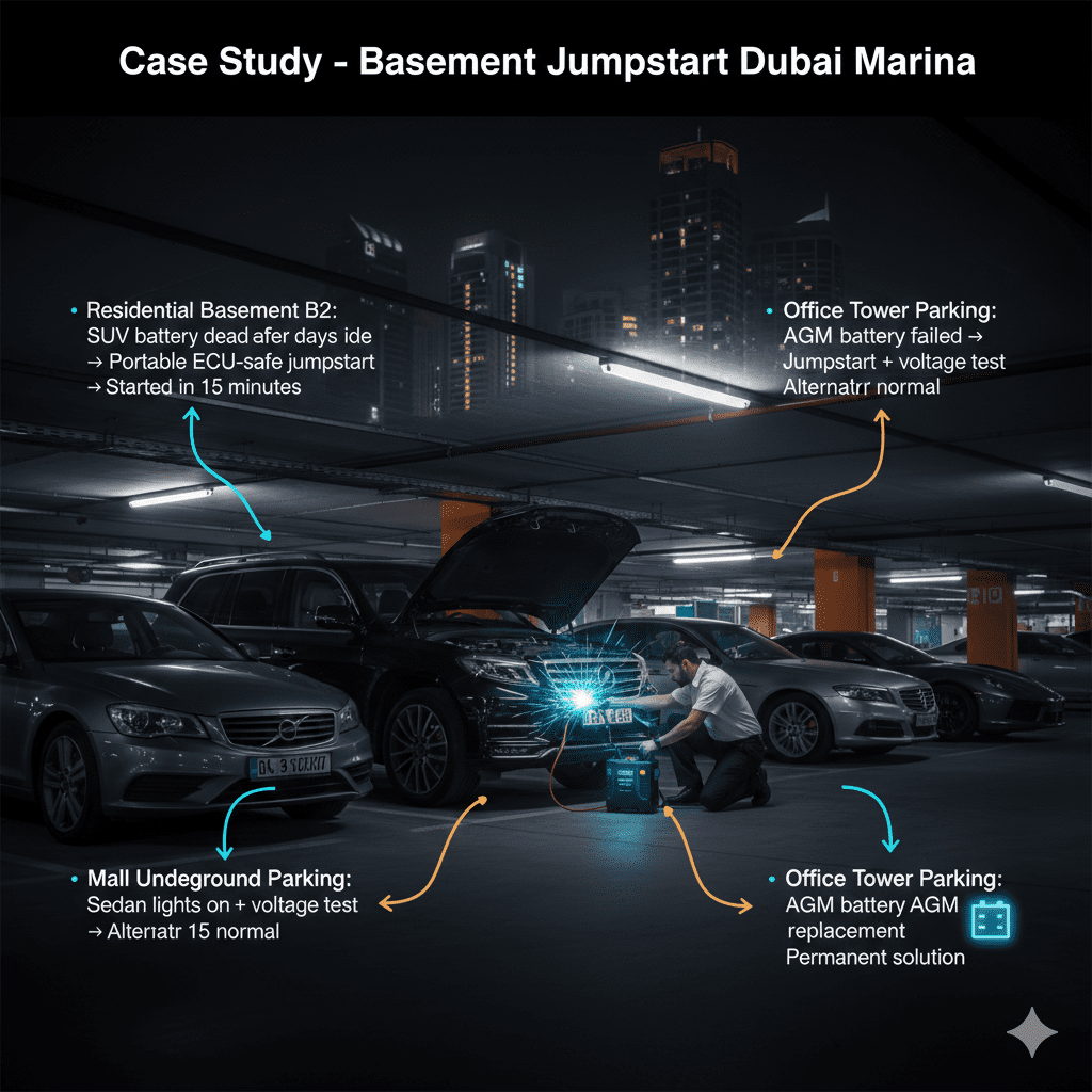 Professional technician performing ECU-safe jumpstart in Dubai Marina underground parking with infographic-style bullet points showing real case studies including SUV, sedan, and AGM battery replacement results.