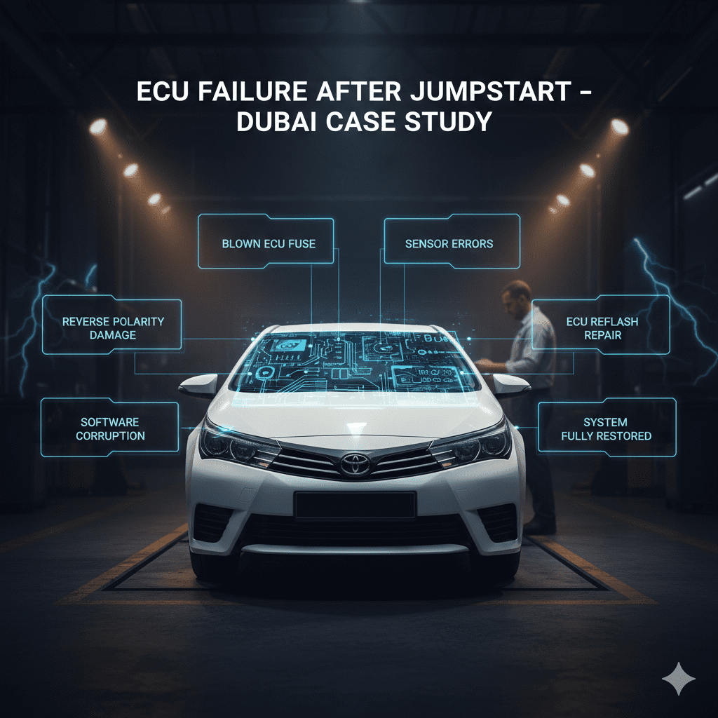 Toyota Corolla ECU repair case study after jumpstart damage in Dubai workshop