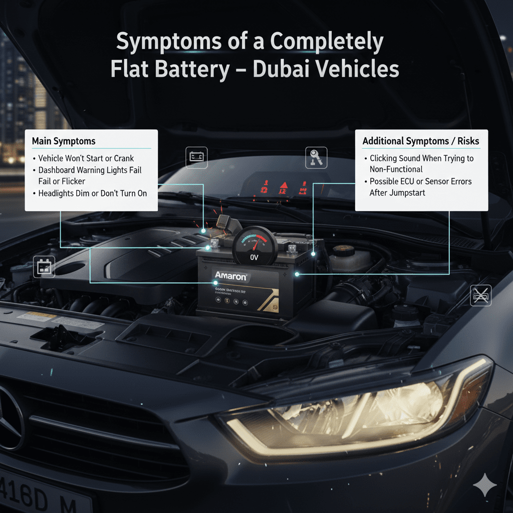 Infographic showing a car battery in a modern engine bay with animated voltage drop, flickering dashboard lights, dim headlights, and inactive electrical accessories, illustrating flat battery symptoms in Dubai.