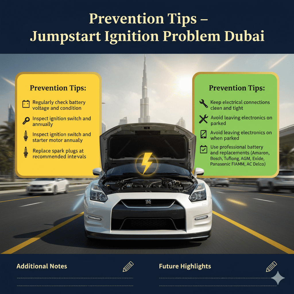 Prevention Tips β Jumpstart Ignition Problem Dubai Animated-style user guide infographic showing a premium car with engine hood open in Dubai cityscape, title 'Prevention Tips β Jumpstart Ignition Problem Dubai' at the top, with empty spaces on sides for bullet points listing prevention tips including battery checks, ignition switch inspection, spark plug replacement, clean electrical connections, avoiding electronics while parked, and using professional battery brands.