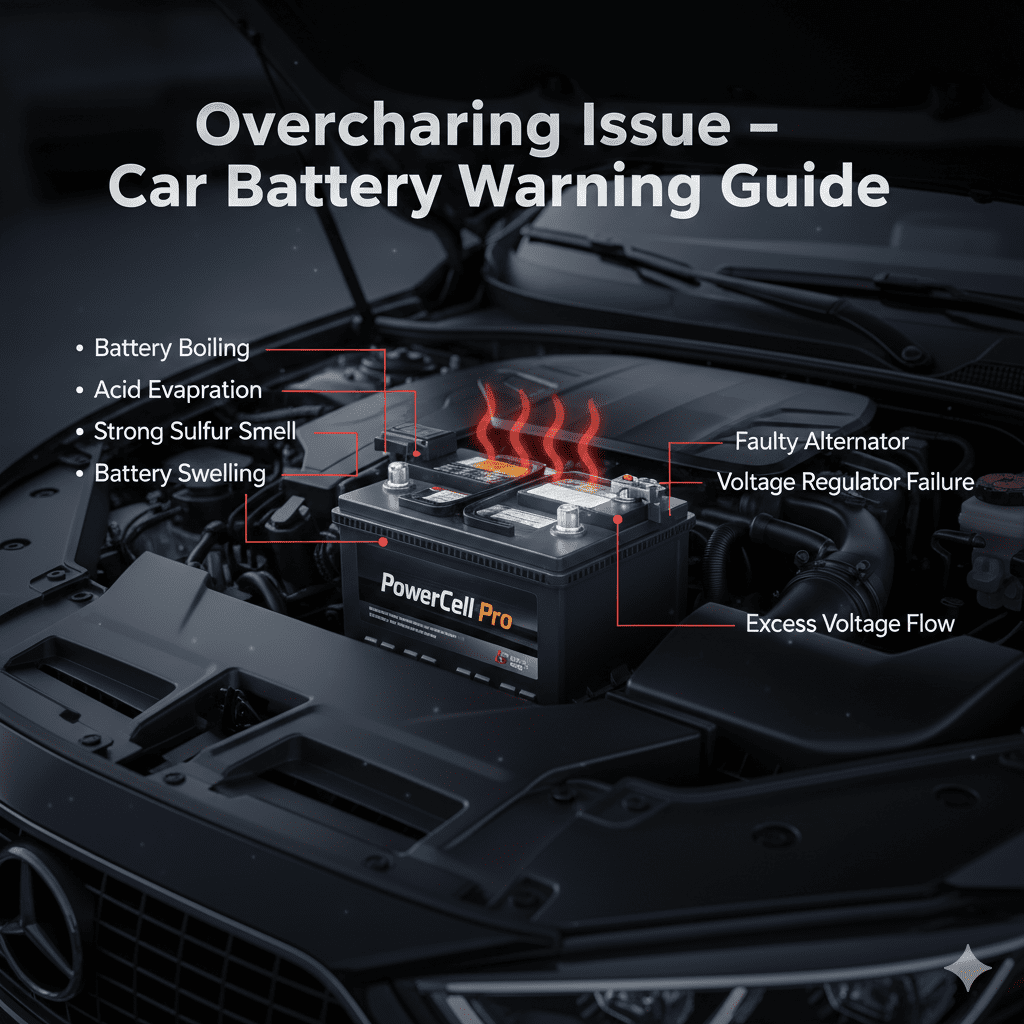 Infographic showing overcharging car battery problem with boiling, acid evaporation, sulfur smell, and swelling signs highlighted around a battery in engine bay.