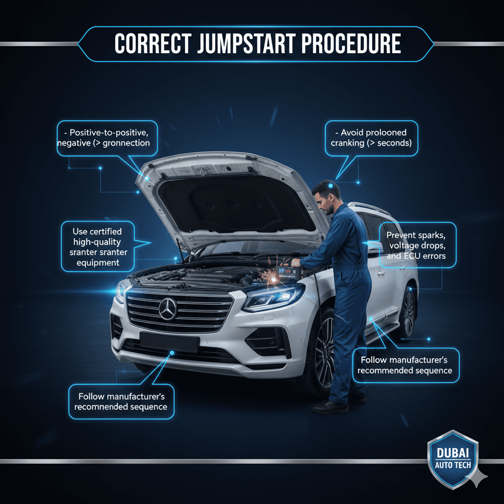 Infographic showing correct jumpstart procedure in Dubai to prevent battery instability, including proper polarity, avoiding prolonged cranking, and using certified jump starter