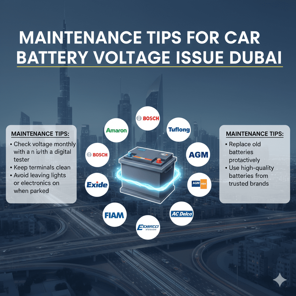 "Infographic illustrating maintenance tips for car battery voltage issues in Dubai. Animated car battery in the center with popular brands, top title 'Maintenance Tips for Car Battery Voltage Issue Dubai', and key tips displayed on the left and right sides."