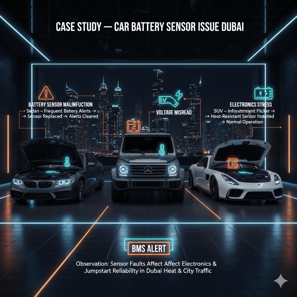 Dubai car battery infographic showing case study of battery sensor faults in sedan, SUV, and luxury cars affecting electronics and jumpstart reliability
