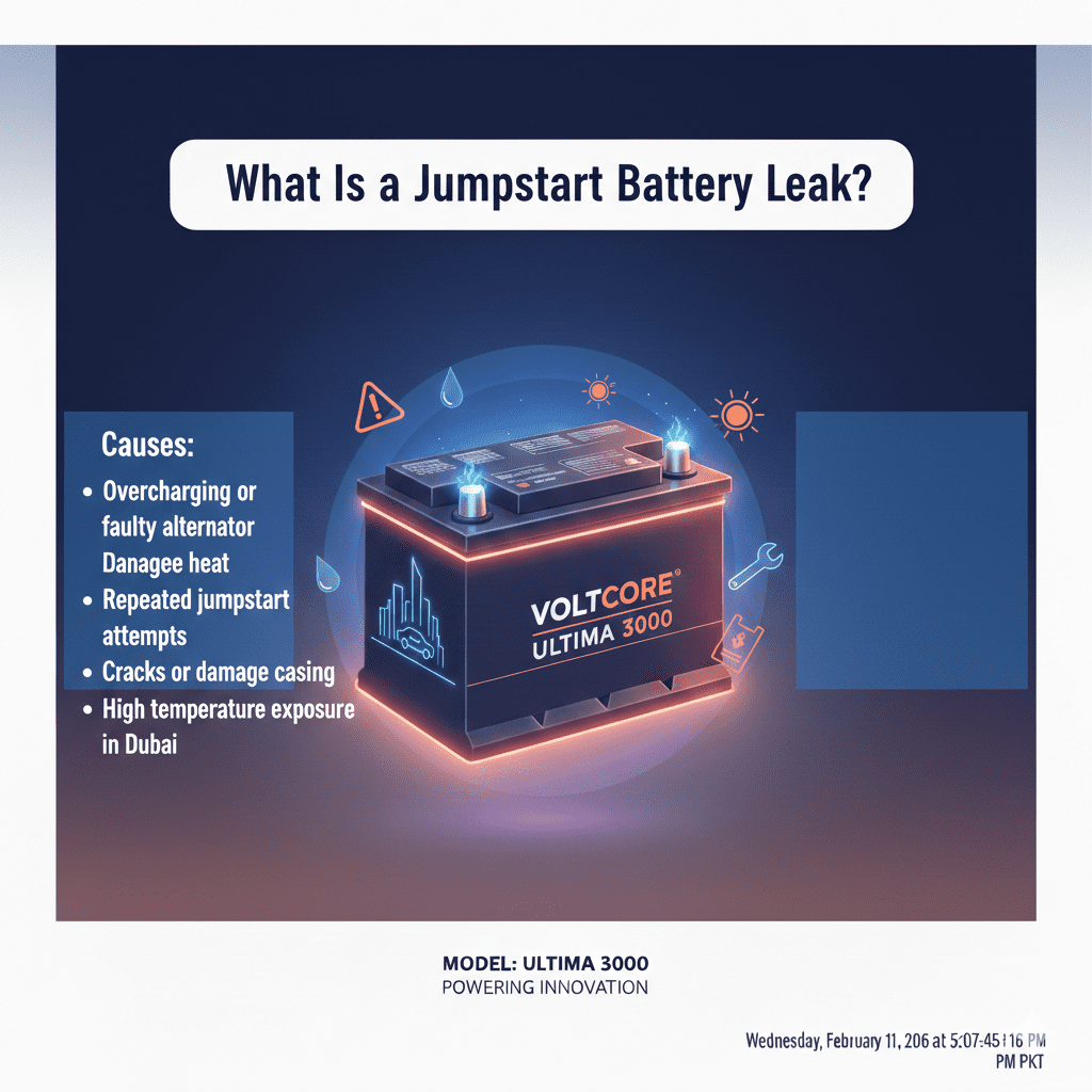 “Professional user guide illustration showing what a jumpstart battery leak is, with title at the top, key causes on sides, and an animated branded battery in the center.”