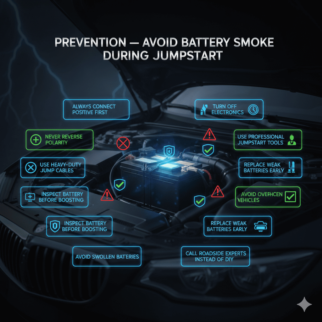 Car battery preventive measures to avoid smoke during jumpstart with visual checklist and safety icons