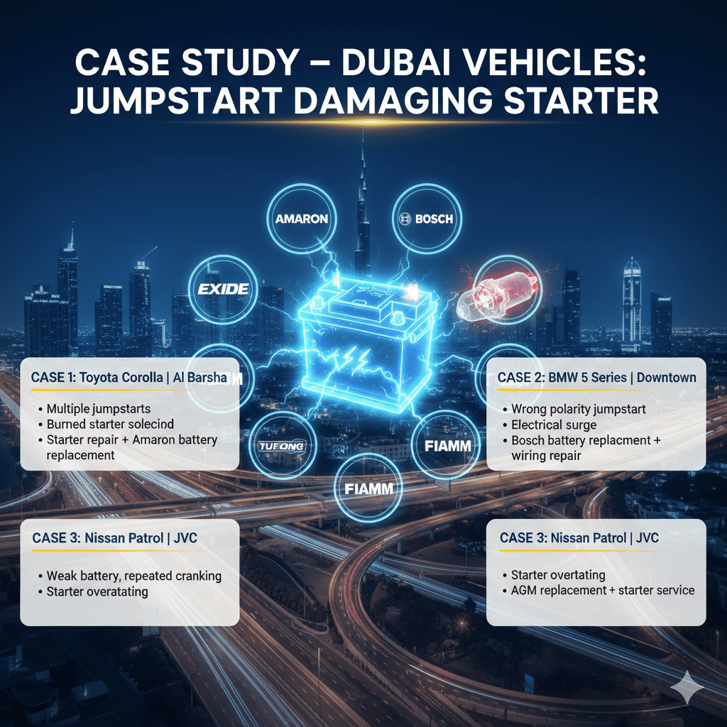 "Infographic showing case study of Dubai vehicles affected by jumpstart damaging starter, with animated car battery in the center and top title 'Case Study – Dubai Vehicles: Jumpstart Damaging Starter'. Key case study points displayed on sides."
