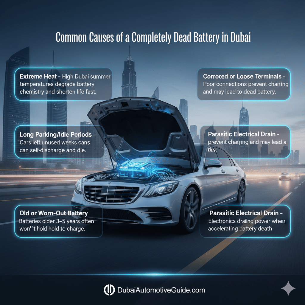 Feature image showing 'Common Causes of a Completely Dead Battery in Dubai' with title at the top, key causes highlighted in glowing side text boxes, and a central cinematic premium car with battery visible, animated-style highlights.