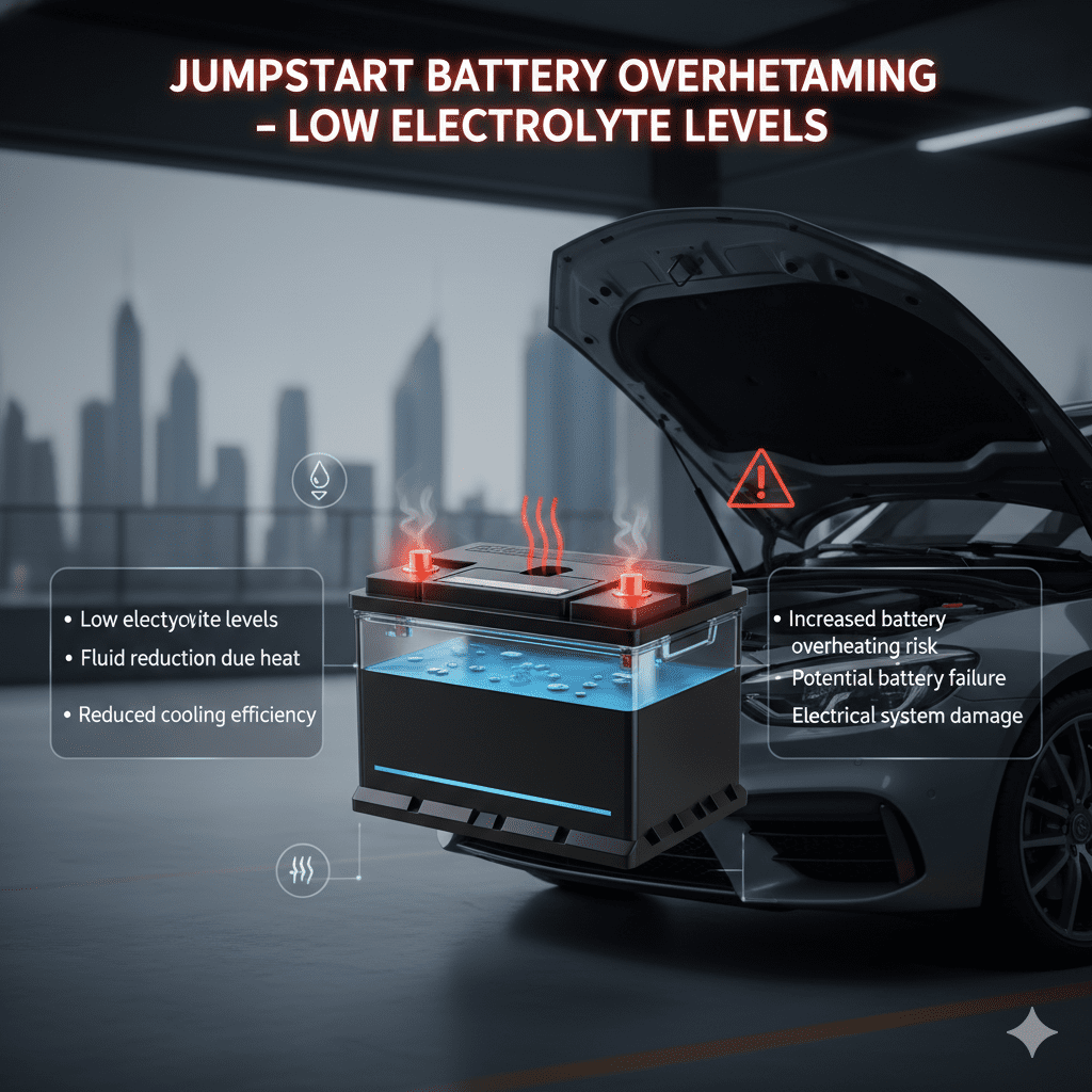 Infographic showing jumpstart battery overheating caused by low electrolyte levels, accelerated evaporation due to Dubai heat, and risk of battery failure.