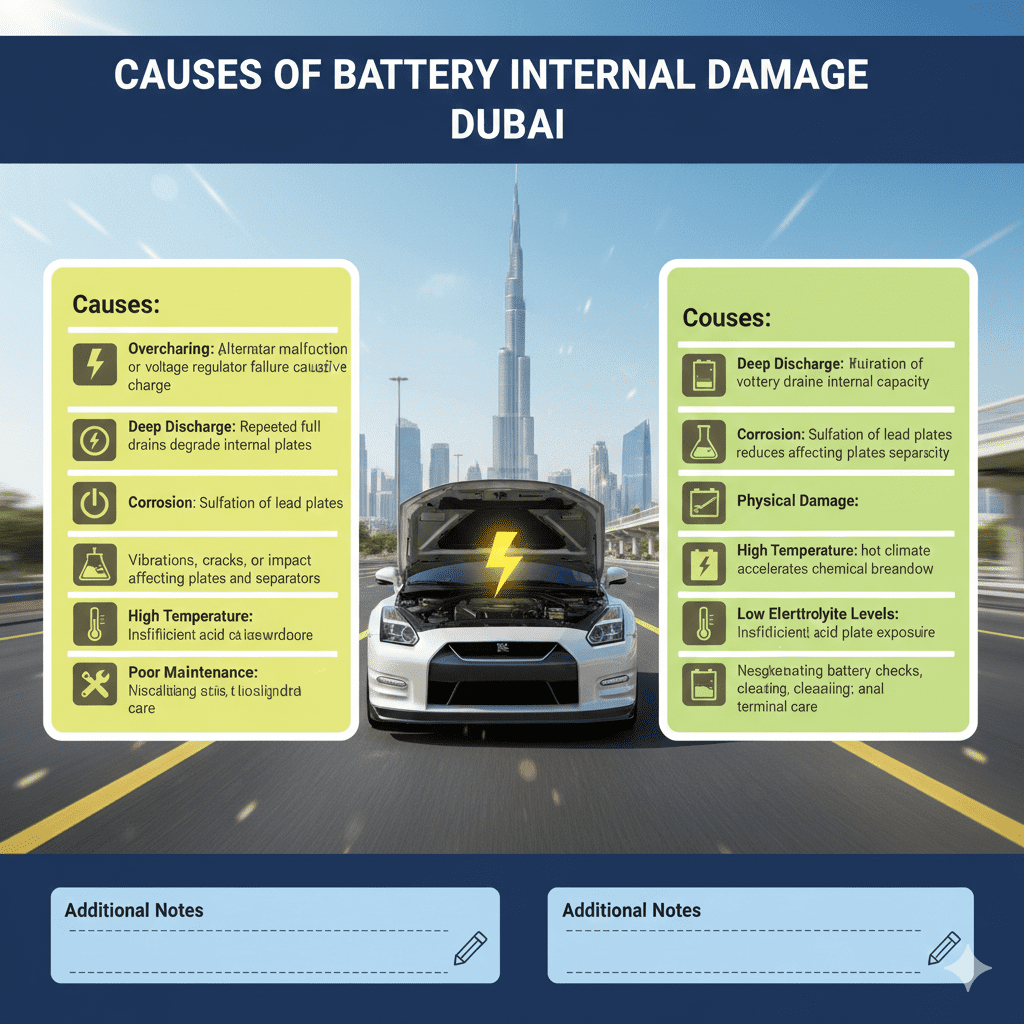 Animated-style user guide infographic showing a premium car with engine hood open in Dubai cityscape, title 'Causes of Battery Internal Damage Dubai' at the top, with empty spaces on sides for bullet points on causes including overcharging, deep discharge, corrosion, physical damage, high temperature, low electrolyte levels, and poor maintenance.