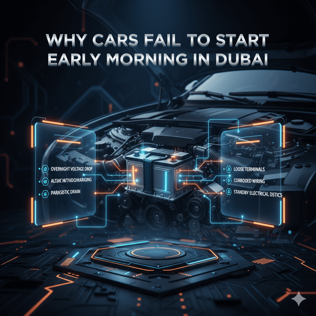 "Premium automotive infographic showing a luxury car battery in an engine bay with side bullet panels explaining early morning starting failure causes in Dubai."