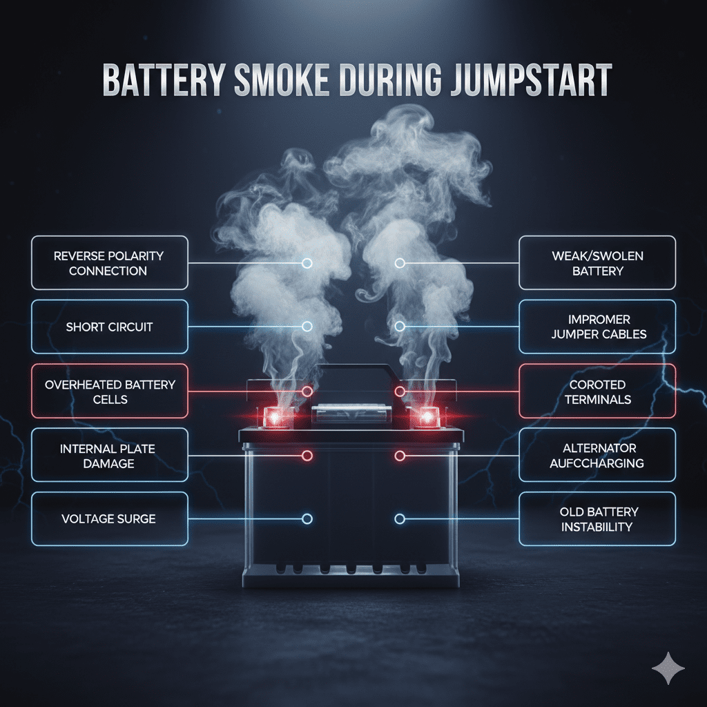 Car battery emitting smoke during jumpstart, highlighting electrical overload and common causes