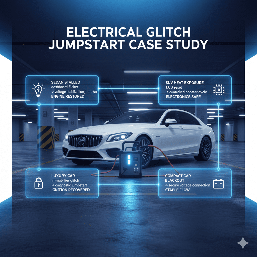 Automotive infographic showing electrical glitch jumpstart case studies with scenario panels around a central vehicle illustration.