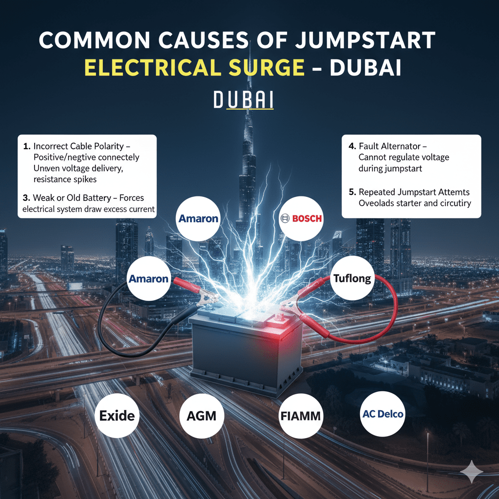 "Infographic showing common causes of jumpstart electrical surge in Dubai, with animated car battery in the center and top title 'Common Causes of Jumpstart Electrical Surge – Dubai'. Key points displayed on sides."