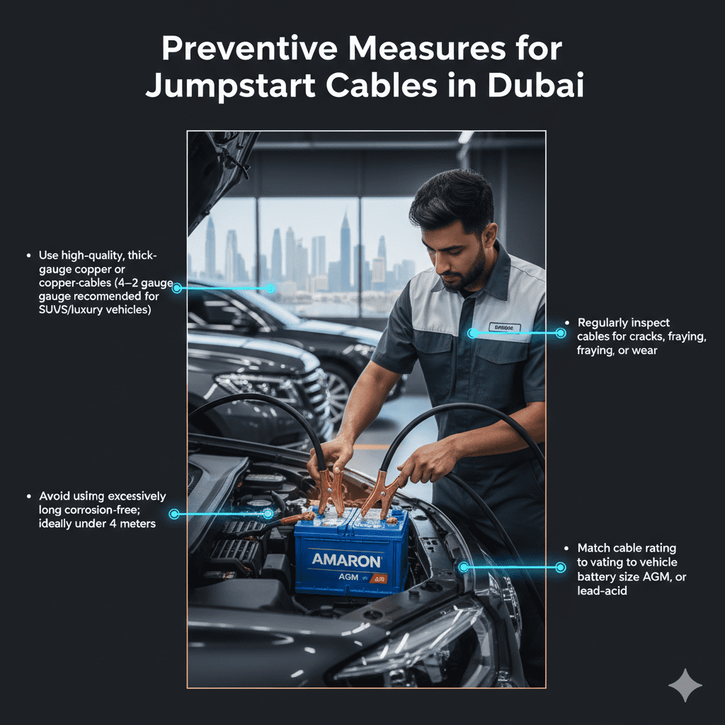 Luxury SUV in Dubai with technician inspecting premium battery and thick-gauge jump cables; infographic-style bullet points on sides show preventive measures including high-quality cables, clean clamps, short cable length, regular inspection, and matching battery type.