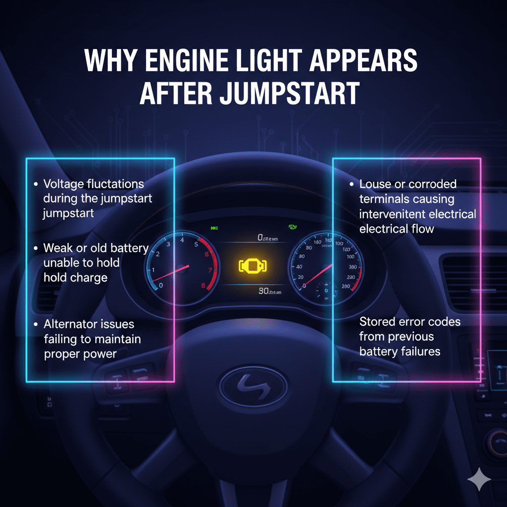Animated-style user guide image showing the title "Why Engine Light Appears After Jumpstart" at the top, a central animated car dashboard with engine warning light, and key causes displayed neatly on both sides.