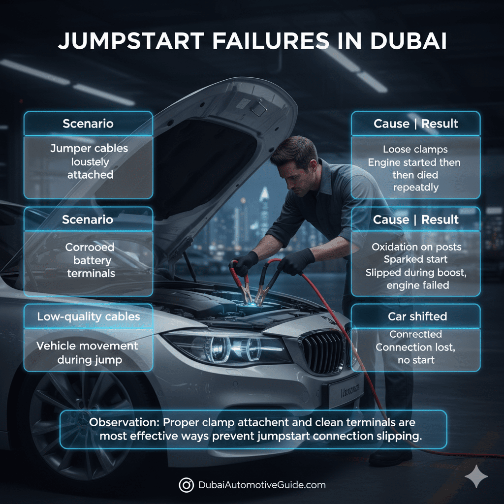 Feature image showing 'Jumpstart Failures in Dubai' with title at the top, case study table highlighted in glowing side text boxes, and a central cinematic premium car with hood open and jumper cables attached, animated-style highlights.