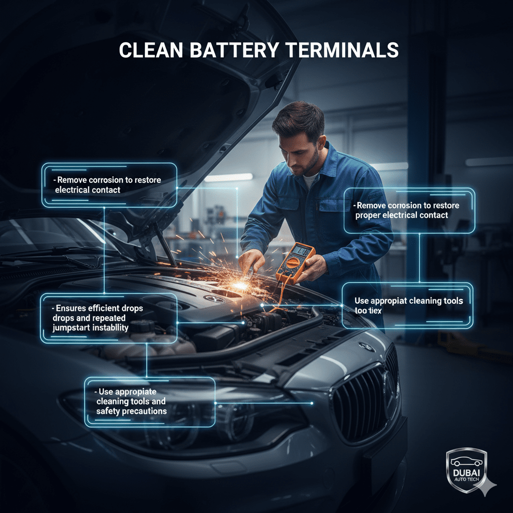 Infographic showing cleaning of car battery terminals in Dubai to prevent jumpstart battery instability