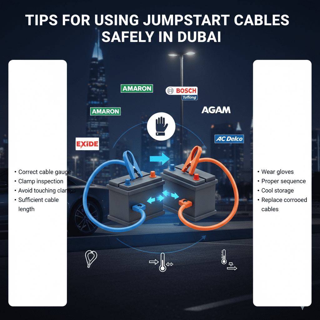 Feature image titled 'Tips for Using Jumpstart Cables Safely in Dubai' showing a 3D animated car battery with jumpstart cables and safety gloves, empty side panels for points (correct cable gauge, clamp inspection, avoid touching clamps, sufficient cable length, wear gloves, proper sequence, cool storage, replace corroded cables), and animated battery brand logos (Amaron, Bosch, Tuflong, AGM, Exide, Panasonic, FIAMM, AC Delco) on a blurred Dubai cityscape background.