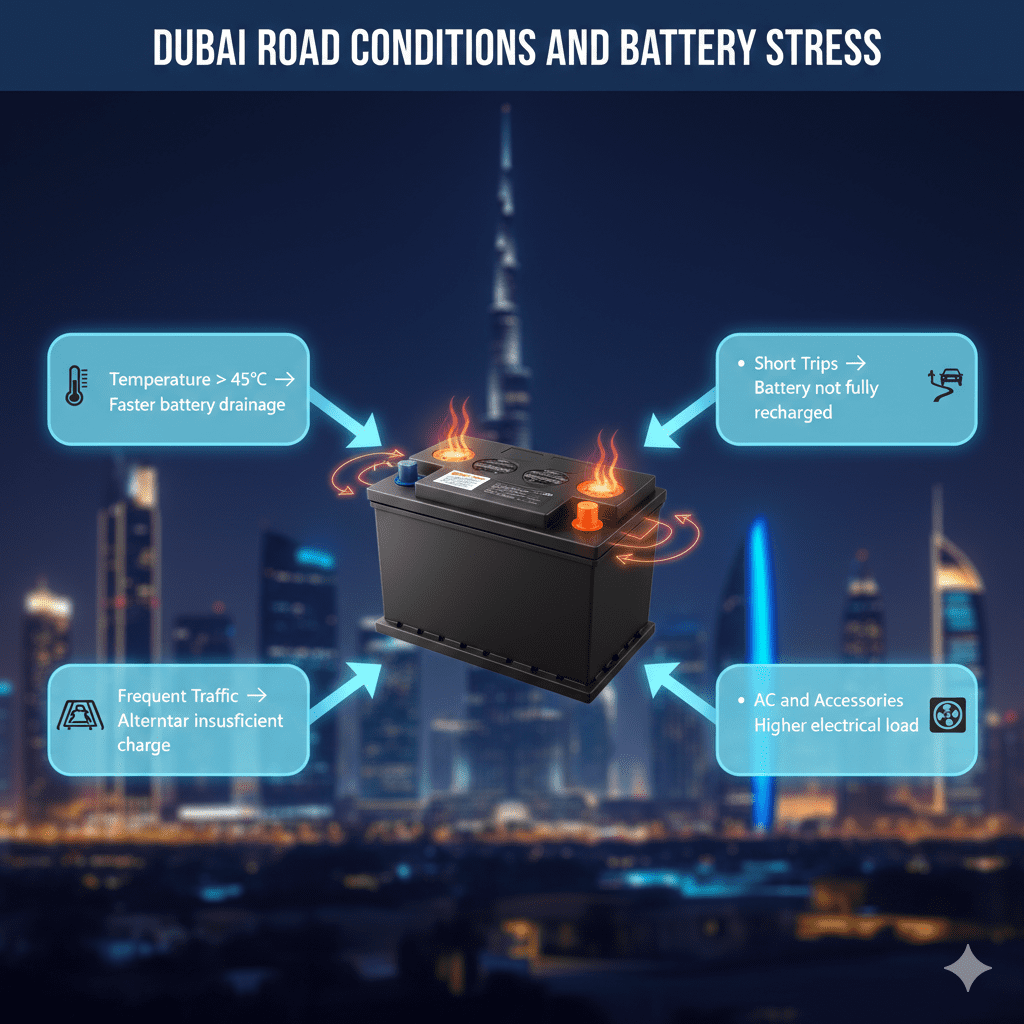 "Dubai Road Conditions and Battery Stress" "Animated infographic showing Dubai road conditions and battery stress with central car battery and bullet points on sides, title on top."