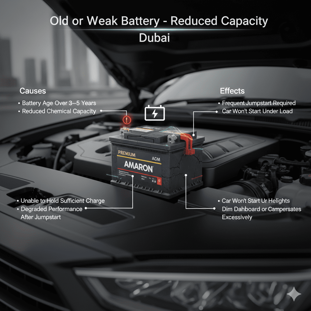 Infographic showing an aging car battery in a modern engine bay with animated voltage drop and weak current flow, illustrating reduced capacity of old or weak batteries in Dubai.