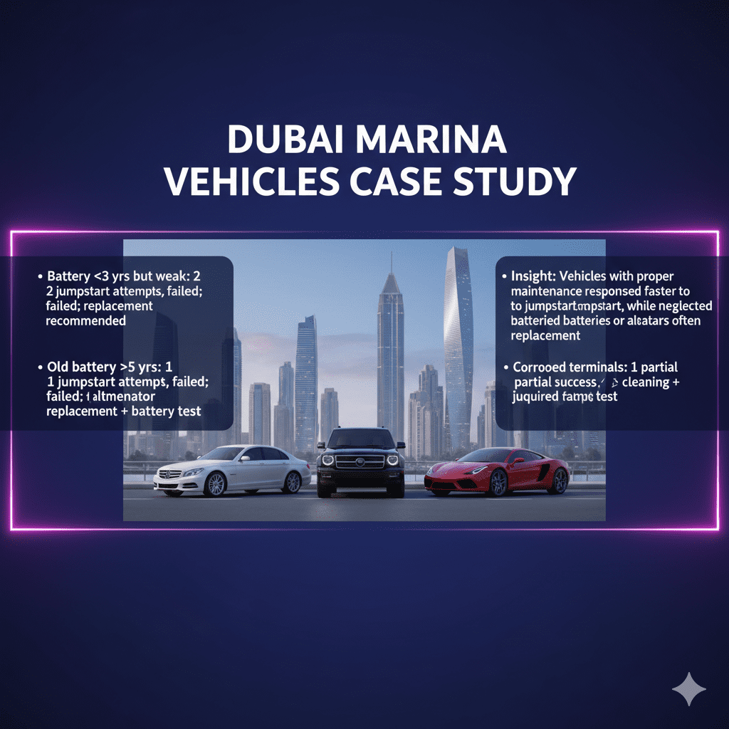 Animated-style user guide image showing the title "Dubai Marina Vehicles Case Study" at the top, a central animated fleet of cars, and key case study points displayed neatly on both sides.