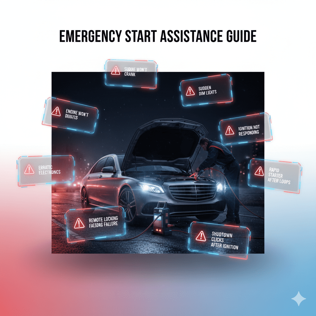 Emergency car start assistance infographic showing warning signs around a central vehicle illustration.