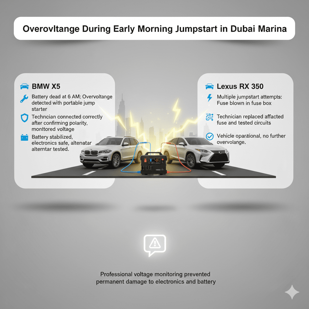 “Animated case study illustration showing ‘Overvoltage During Early Morning Jumpstart in Dubai Marina’ title at the top, key vehicle scenarios as bullet points on sides, and glowing central automotive brand illustration.”