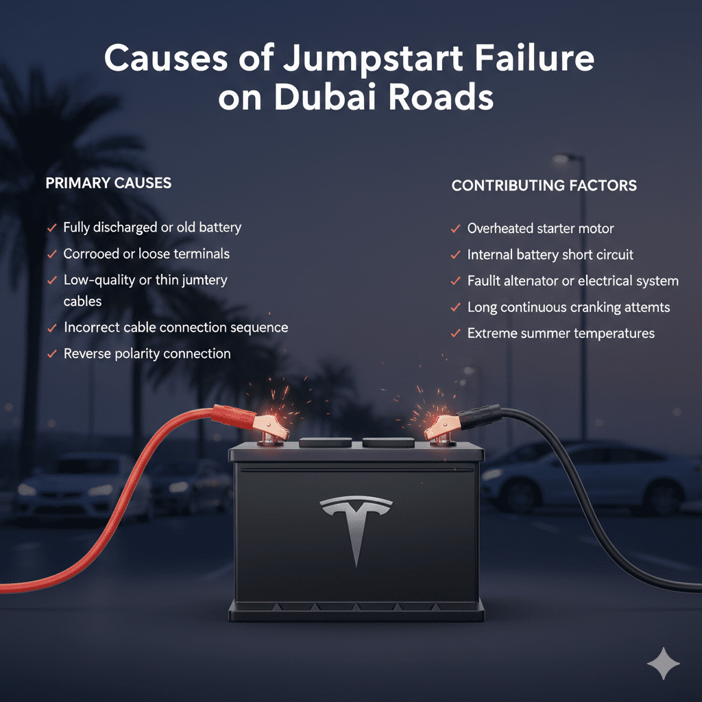 "Jumpstart failure causes guide with premium battery in center, key failure factors displayed on both sides as animated bullet points, glowing jumper cables showing electrical stress."