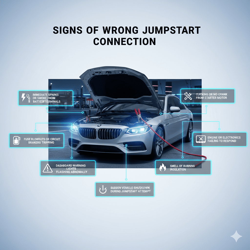 Infographic showing signs of wrong jumpstart connection with central luxury vehicle illustration and animated points illustrating battery sparks, warning lights, starter issues, and engine failures.