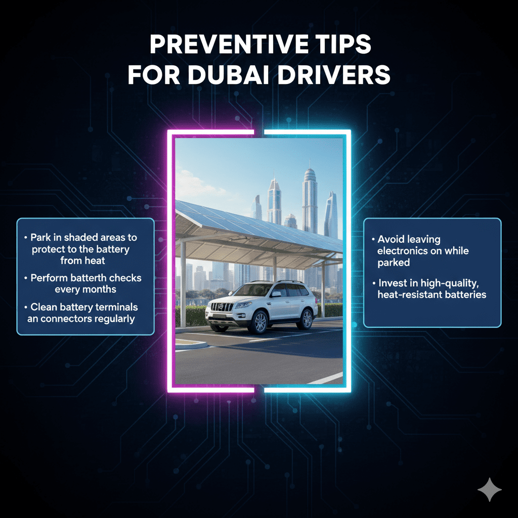 Animated-style user guide image showing the title "Preventive Tips for Dubai Drivers" at the top, a central animated car parked in shade, and key preventive tips displayed neatly on both sides.