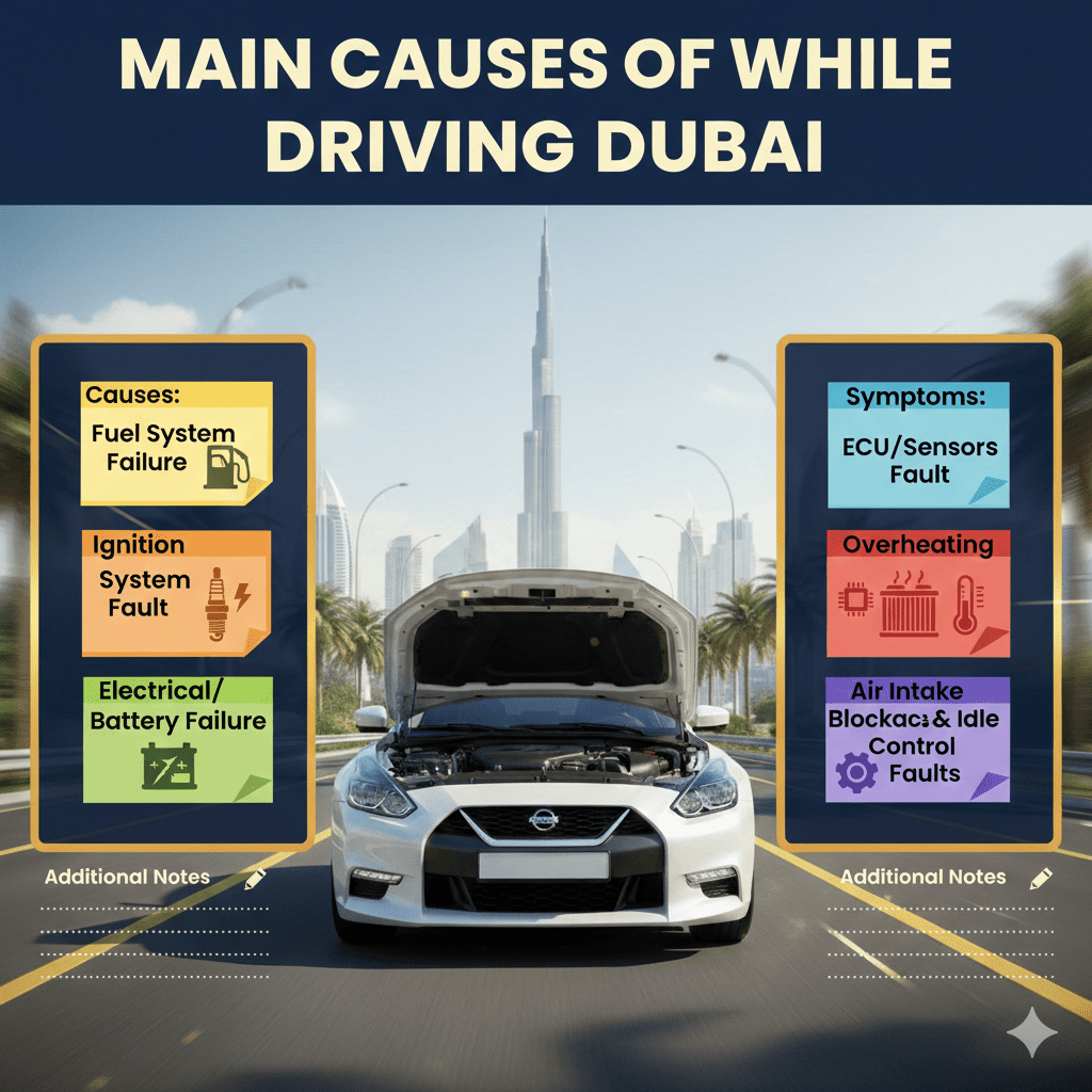 Animated-style infographic showing a premium car with open hood in Dubai cityscape, title 'Main Causes of Car Shutting Off Driving Dubai' at the top, and bullet points on both sides listing fuel system failure, ignition fault, battery issues, ECU/sensor fault, overheating, air intake blockage, and transmission faults.