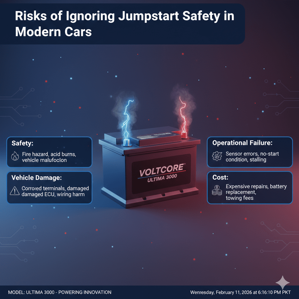 “Professional user guide illustration showing risks of ignoring jumpstart safety in modern cars, with title at the top, key risk points on sides, and an animated branded battery in the center.”