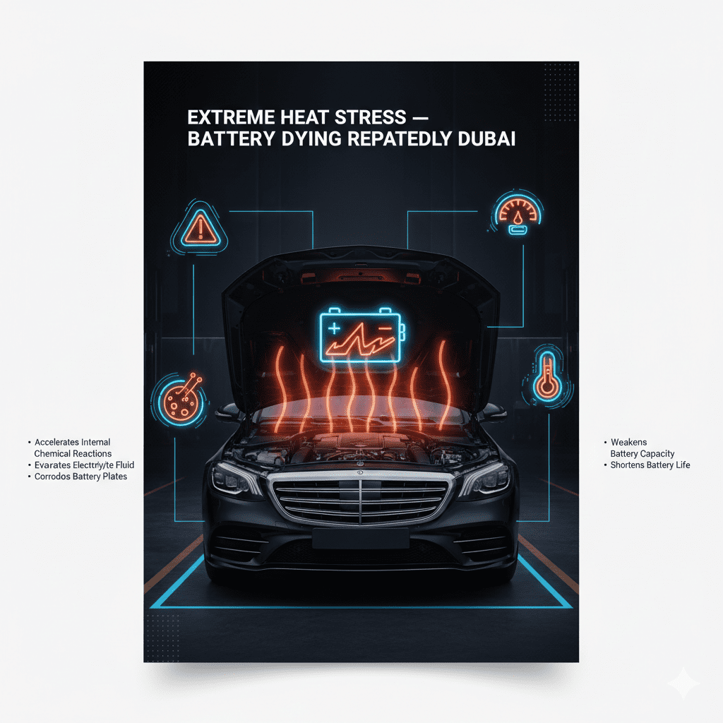 Dubai car battery overheating infographic showing extreme heat effects on battery life