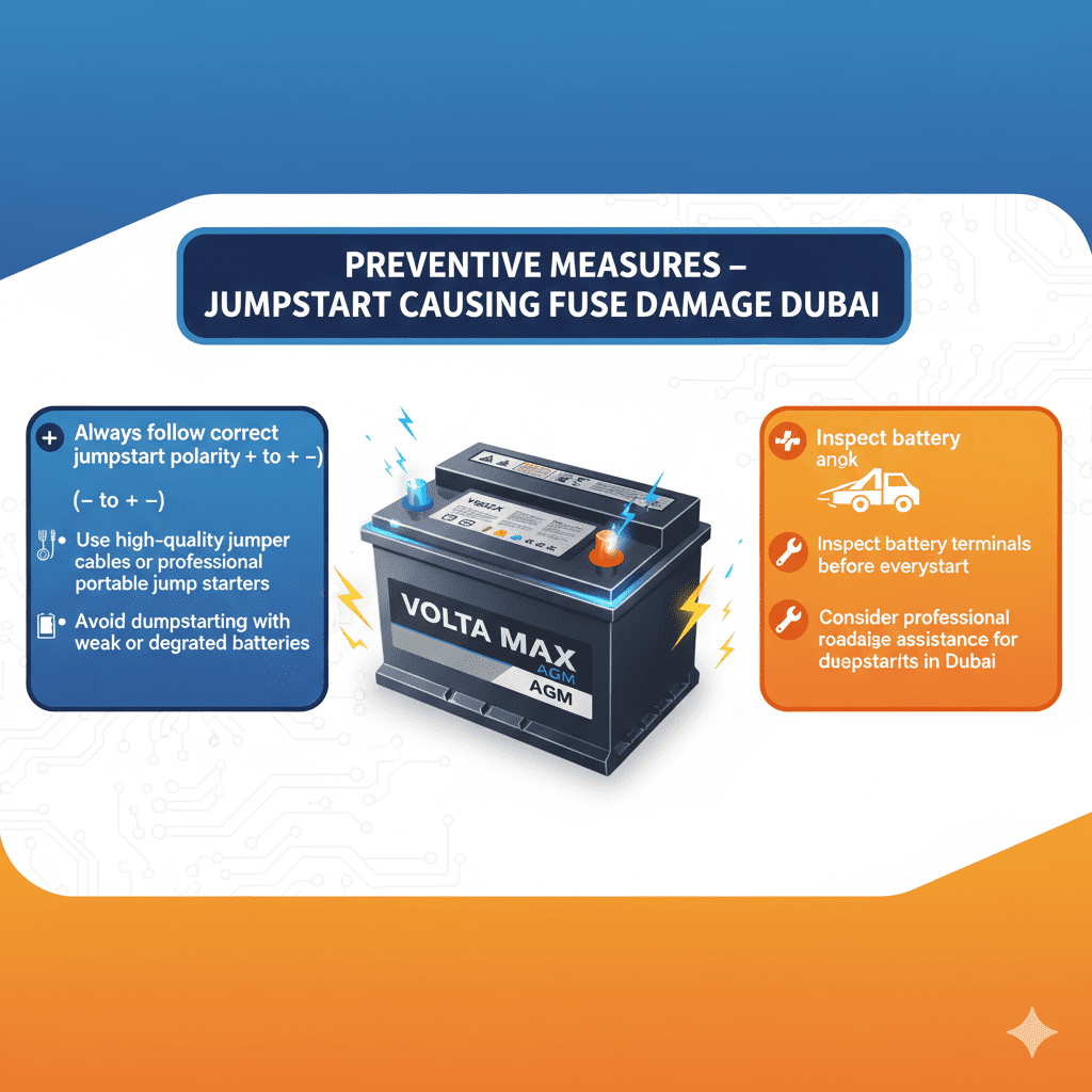 “Animated user guide infographic showing a central premium car battery with glowing sparks, dynamic title at top, and key preventive measures on sides including correct polarity, high-quality jumper cables, avoiding weak batteries, inspecting terminals, and professional roadside assistance.”