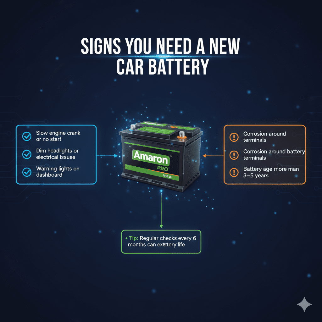 “Animated user guide image showing top title, central car battery image, and bullet-pointed key signs of a failing battery on both sides.”