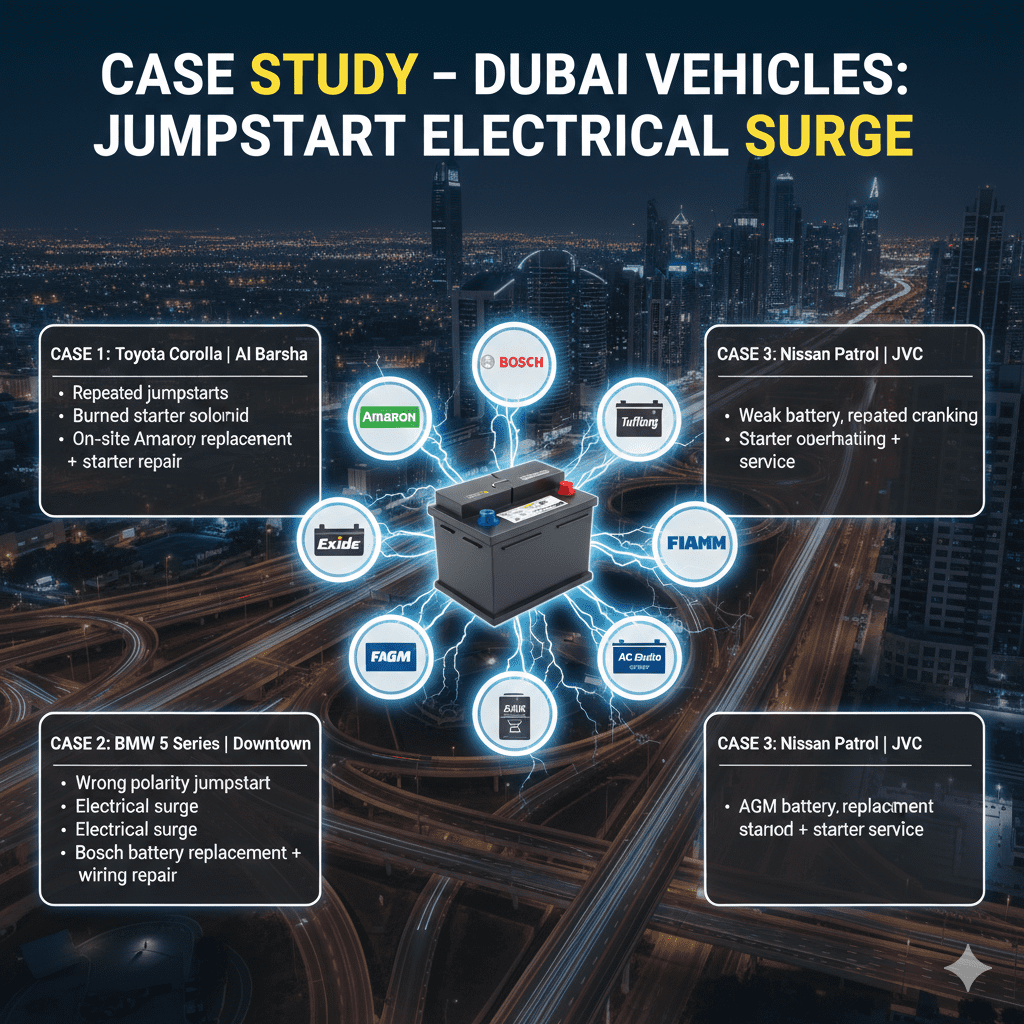 "Infographic showing case studies of jumpstart electrical surge in Dubai vehicles, with animated car battery in the center and top title 'Case Study – Dubai Vehicles: Jumpstart Electrical Surge'. Key vehicle issues and solutions displayed on sides."