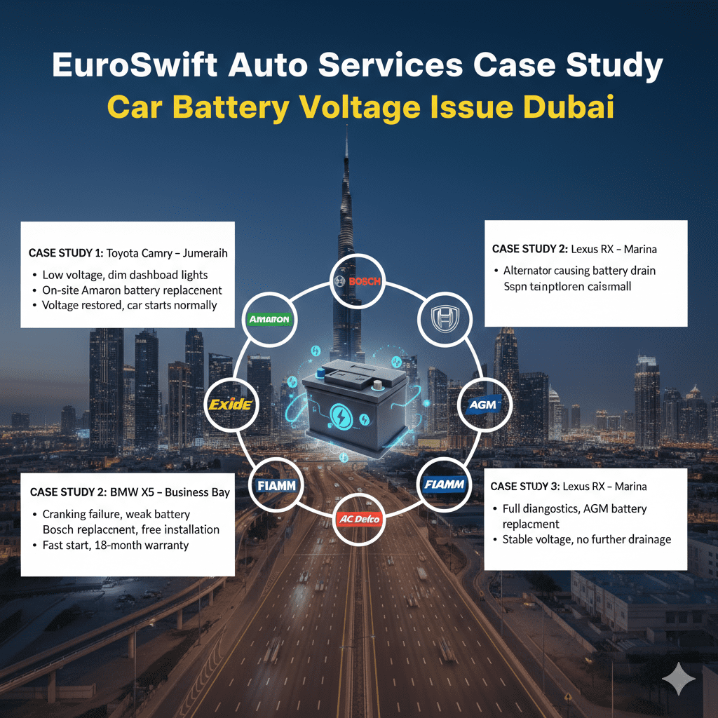 "Infographic showing EuroSwift Auto Services case study for car battery voltage issues in Dubai. Animated car battery in the center with branded batteries and top title 'EuroSwift Auto Services Case Study'. Key vehicle cases displayed on left and right sides."