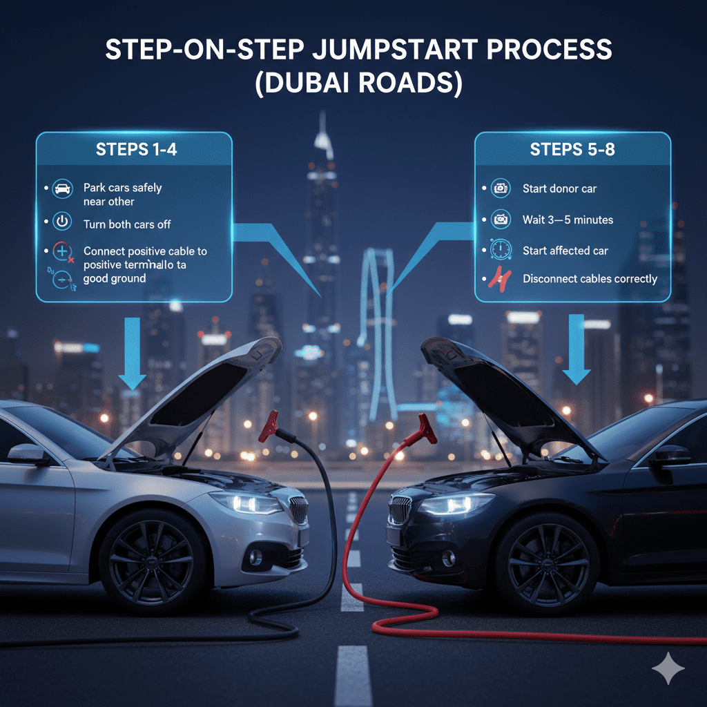 "Step-by-Step Jumpstart Process (Dubai Roads)" "Animated infographic showing step-by-step jumpstart process on Dubai roads, two cars with central battery highlighted, instructions on sides, title on top."