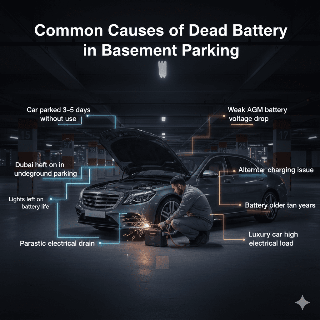 Luxury car in underground parking with a technician performing a jumpstart; infographic-style points highlighting causes of battery failure including heat, long parking, lights left on, AGM drain, and alternator issues.