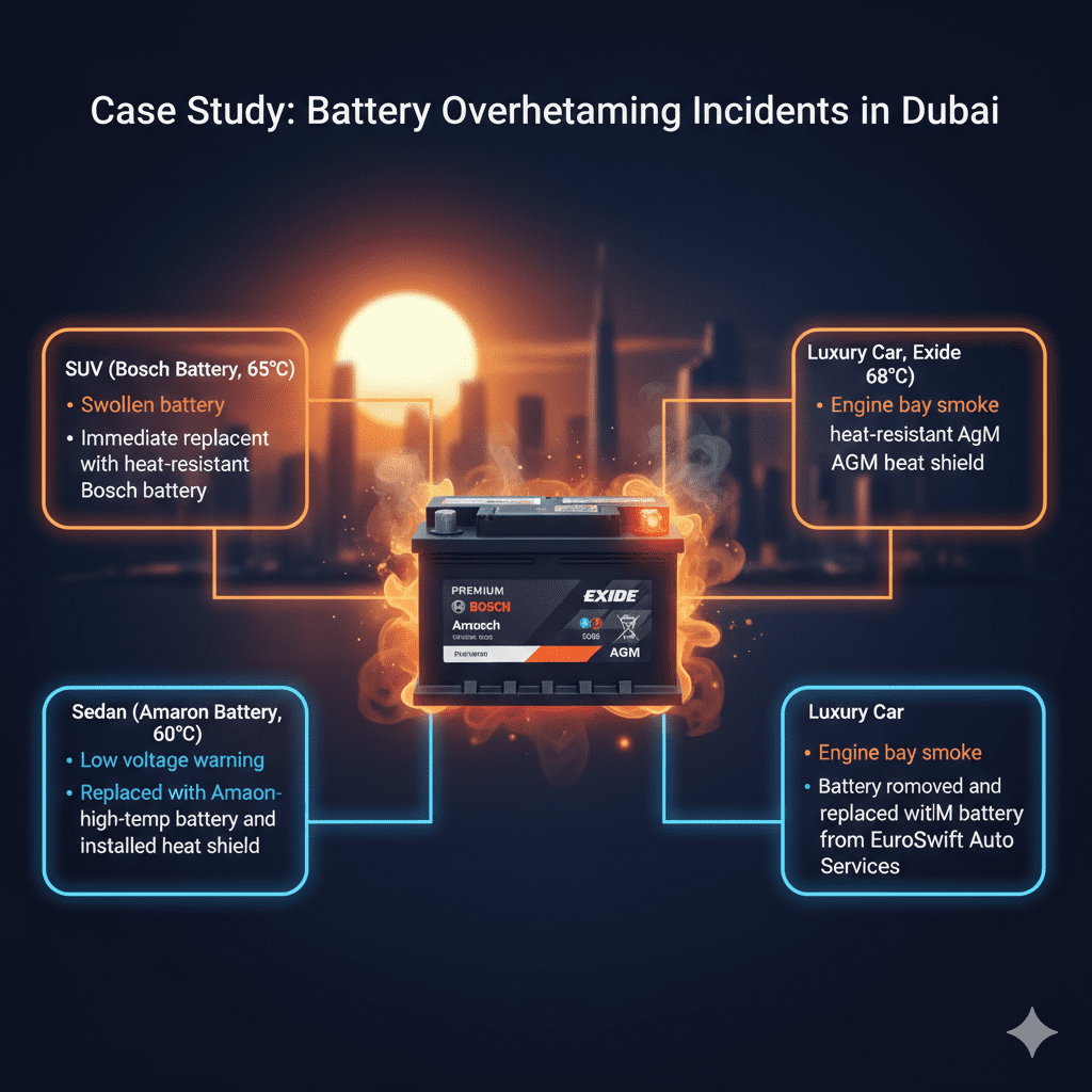"Animated infographic showing a case study of car battery overheating incidents in Dubai with SUVs, Sedans, and Luxury cars, including battery brands, temperature, issues, and resolutions, centered around a premium battery image."
